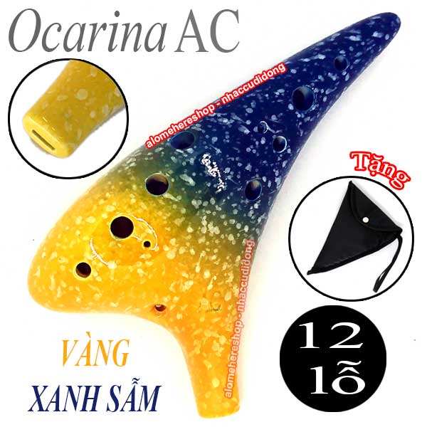 Sáo Đất Ocarina Đuôi Cúp Đầu Vểnh 12 lỗ vàng xanh dương OACVX