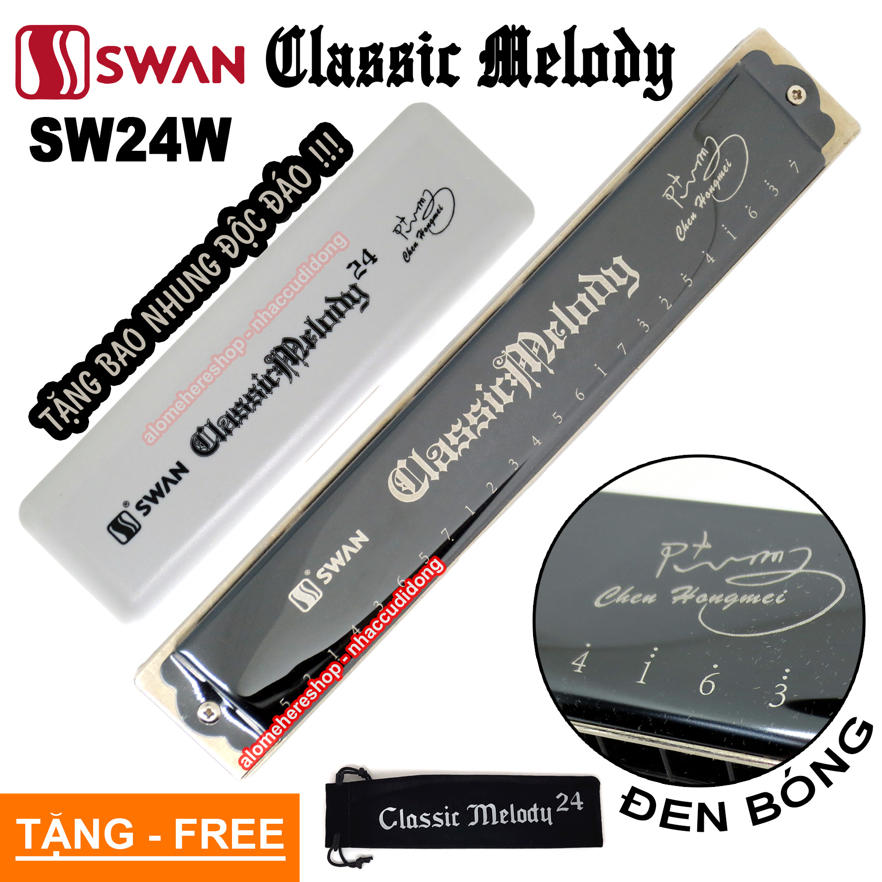 Kèn Harmonica Tremolo Swan Classic Melody SW24W Cao Cấp Đen Bóng Key C