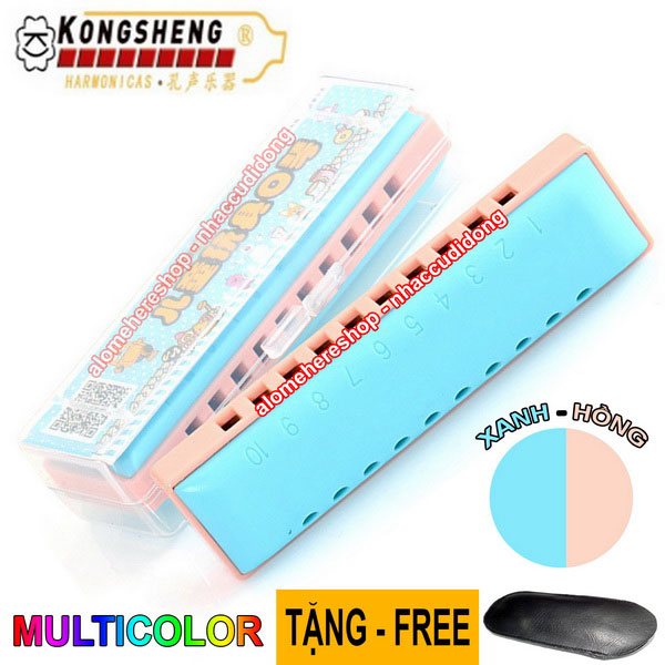 Kèn harmonica KongSheng Plastic key C Multicolor 10 lỗ (Xanh Hồng)